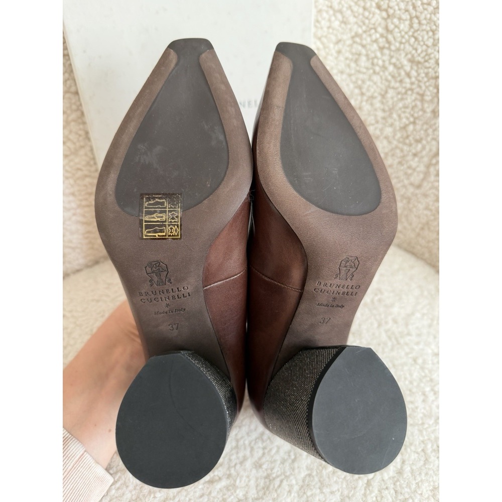 NWT Brunello Cucinelli - Brown Leather And Caviar Beads Block Heel Size 37 - Picture 8 of 12